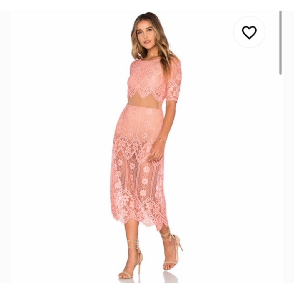 for love & lemons coral pink boho prairie nude sheer lace midi dress siz…